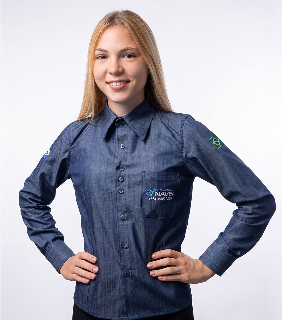 Camisa jeans administrativa com bordado — uniforme escritório de obra