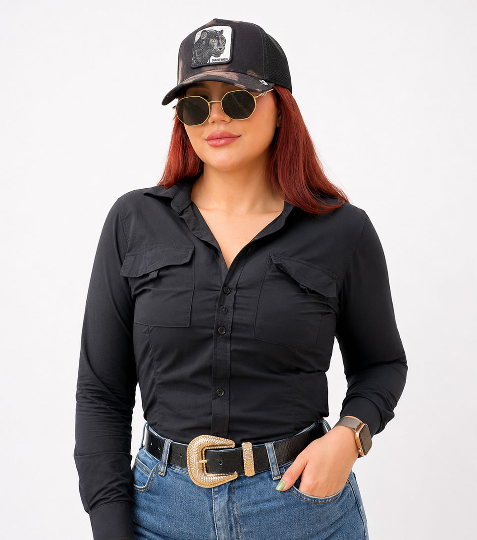 Camisa feminina escura com bordado — MG Uniformes